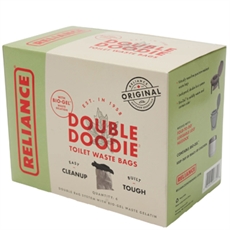 Boks med "Reliance Double Doodie" toiletposer til affald, indeholder 6 poser.