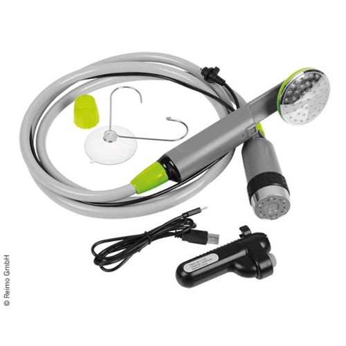 CAMP4 brusesæt med brusehoved, slange, krog, sugekop, USB-kabel og batteripakke.