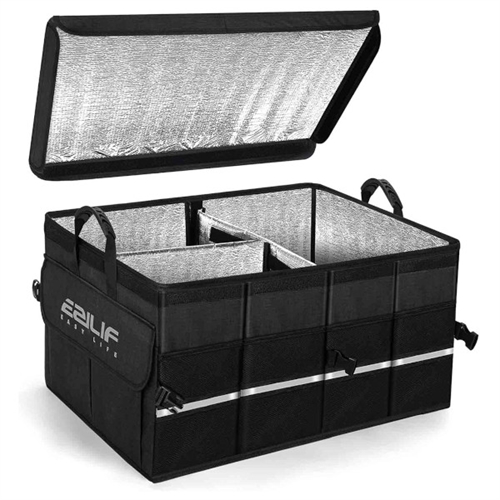 Foldbar køletaske med isoleringsfor, håndtag og justerbare stropper til nem transport.