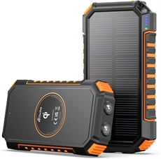 Solcelle-powerbank med sort og orange design, solpanel, LED-indikatorer og to lommelygter.