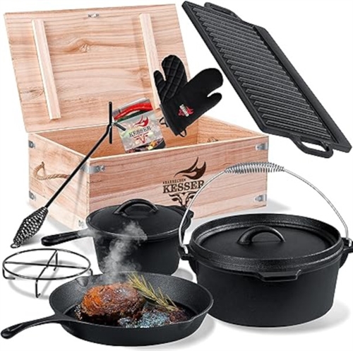 KESSER® Dutch Oven sæt med gryde, grillplade og tilbehør i trækasse.