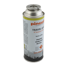 Cylindrisk gasdåse med Pinguin-mærke, 220g, indeholder propan, isobutan, butan, til stikkontakt.
