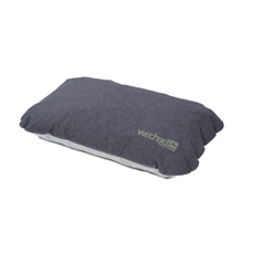 Rektangulær, buet grå pude med lysegrønt logo. Kompakt og bærbar, ideel til rejser.