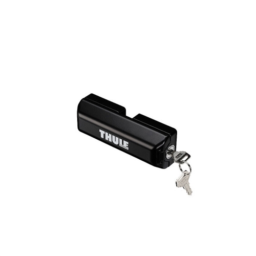 Sort THULE Van Lock med nøgle isat. THULE-logo tydeligt synligt på låsen.